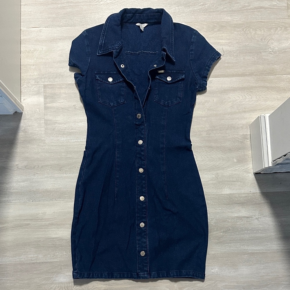 Guess Dark Blue Denim Button-Front Mini Dress